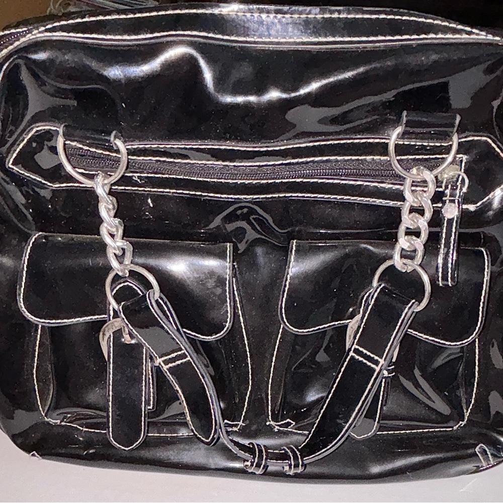 Black Patent Leather Handbag with Chain Straps